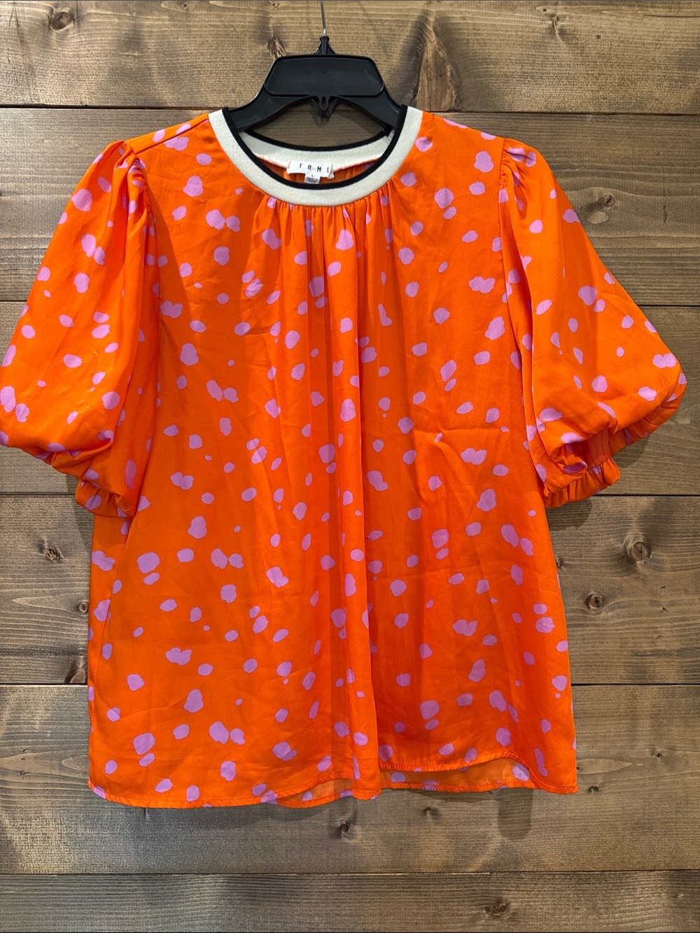 THML Orange Top with Lilac Spot Print Puff Sleeves